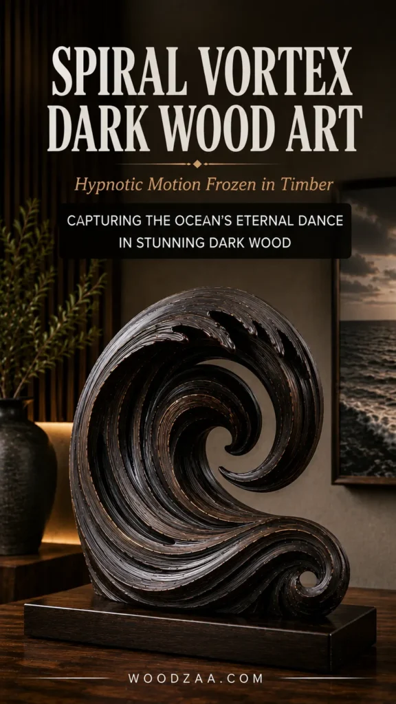 A spiral vortex dark wood sculpture featuring dynamic, curling wave ridges, set on a dark rectangular base on a wooden tabletop. Text overlay reads: "SPIRAL VORTEX DARK WOOD ART", "Hypnotic Motion Frozen in Timber", and a dark badge reading "CAPTURING THE OCEAN'S ETERNAL DANCE IN STUNNING DARK WOOD". In the softly lit background, a dark vase with foliage stands beside slatted wood wall paneling next to a framed ocean wave photograph. The website "WOODZAA.COM" is printed along the bottom edge.