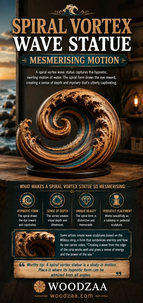 Pinterest graphic titled "SPIRAL VORTEX WAVE STATUE – MESMERISING MOTION." Highlights a swirling, spiraled wooden ocean wave sculpture with teal accents and textured foam crests on a round dark base. Four circular icons outline features: Hypnotic Form, Sense of Depth, Unique Beauty, and Versatile Placement. Text notes the influence of the Möbius strip form in wave art. The pin ends with a display tip on a wooden sign, followed by the WOODZAA tree-ring logo and website woodzaa.com.