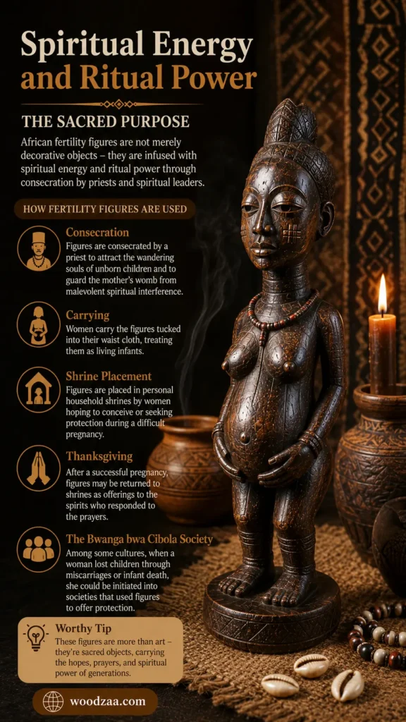 A detailed hand-carved dark wood African fertility sculpture depicting a pregnant woman resting her hands on her stomach, lit by a soft candle flame. On the left, cream and gold text reads "Spiritual Energy and Ritual Power - The Sacred Purpose," accompanied by sections on consecration, carrying, shrine placement, thanksgiving, the Bwanga bwa Cibola Society, and a "Worthy Tip" on sacred heritage, with woodzaa.com displayed at the bottom. (431 characters)