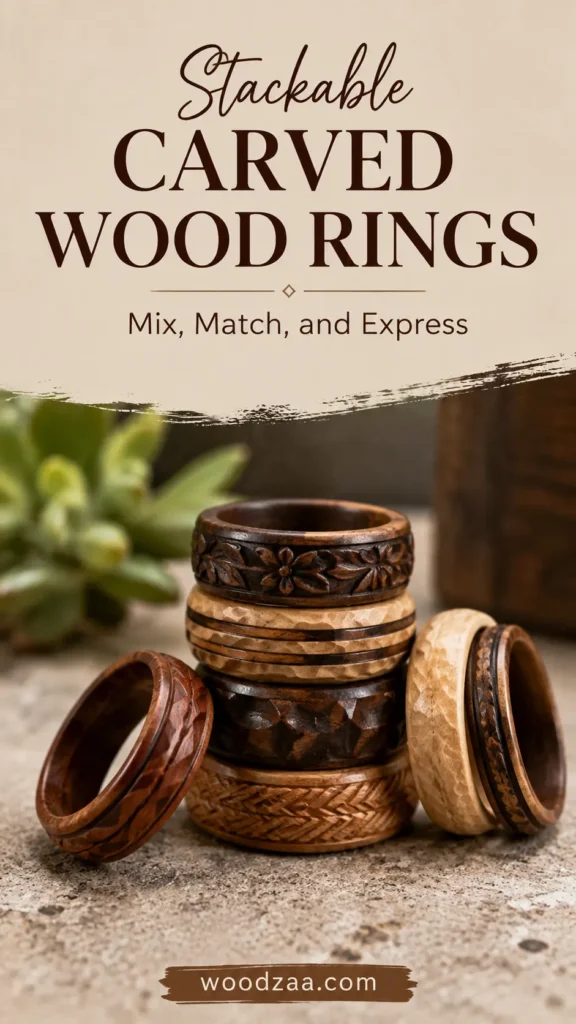 Vertical promotional image titled "Stackable Carved Wood Rings - Mix, Match, and Express." A stack of handcrafted wooden bands showcases varied textures, including a dark floral carving, a hammered light wood ring, a dark faceted band, and a braided woven pattern. Additional wooden rings lean against the stack on a rustic stone surface, framed by soft green succulent leaves in the background, with woodzaa.com displayed at the bottom.