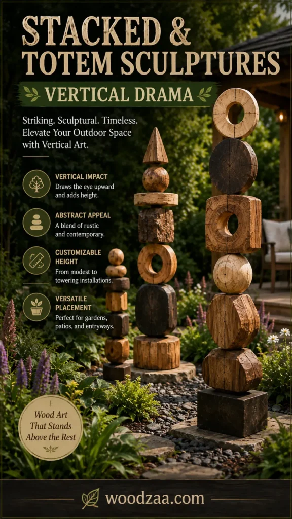 A Pinterest graphic titled "Stacked & Totem Sculptures: Vertical Drama" with text reading "Striking. Sculptural. Timeless. Elevate Your Outdoor Space with Vertical Art." Set in a garden with stone pathways and lush greenery, the image shows three totem-style wooden sculptures made of stacked geometric shapes like spheres, rings, blocks, and cones. Four feature bullet points with icons highlight key traits on the left, and the bottom displays the website "woodzaa.com".