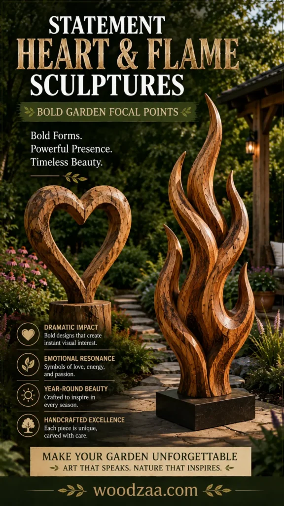 A Pinterest graphic titled "Statement Heart & Flame Sculptures: Bold Garden Focal Points" with text reading "Bold Forms. Powerful Presence. Timeless Beauty." Set in a garden with a stone path, the image displays two large carved wooden art pieces: an open heart sculpture on a wooden stump and a tall, flowing flame sculpture on a dark base. Four circular icons highlight key features, a banner reads "Make Your Garden Unforgettable," and the bottom displays the website "woodzaa.com".