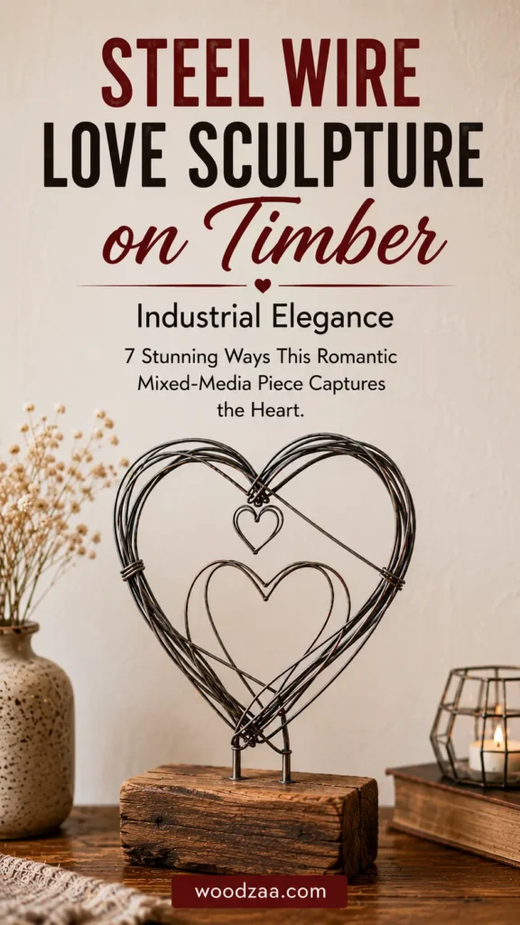 An industrial steel wire heart sculpture mounted on a rustic timber block base, featuring two smaller wire hearts suspended inside. Set on a wooden surface alongside a speckled vase with white dried flowers, an antique book, and a lit candle. Top text overlay reads: "STEEL WIRE LOVE SCULPTURE on Timber – Industrial Elegance. 7 Stunning Ways This Romantic Mixed-Media Piece Captures the Heart." Bottom includes "woodzaa.com". Ideal for rustic and industrial home decor inspiration.