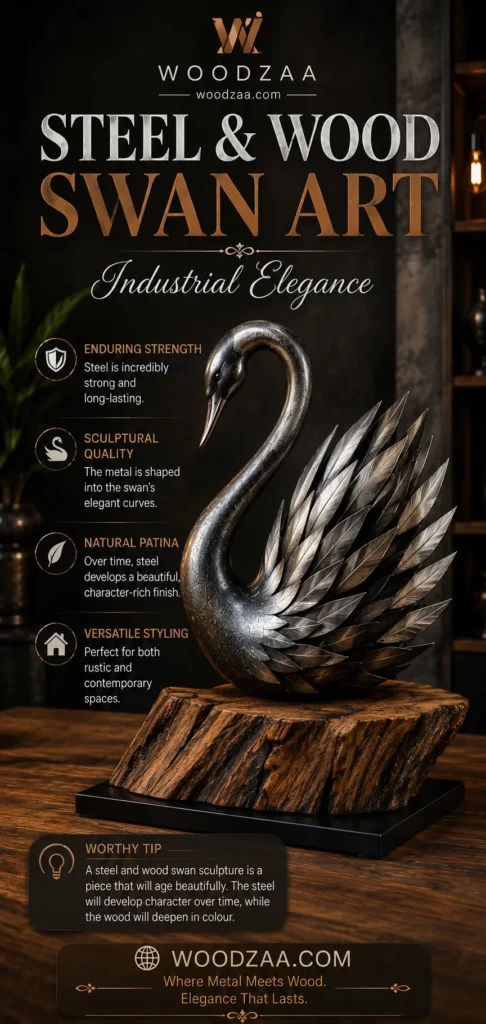 A dark steel swan sculpture with detailed metallic feather wings rests on a natural rustic wood base. Header text reads "Steel & Wood Swan Art – Industrial Elegance" below the Woodzaa logo. Four bullet points on the left highlight Enduring Strength, Sculptural Quality, Natural Patina, and Versatile Styling. A "Worthy Tip" box at the bottom offers styling advice, followed by the website woodzaa.com and slogan "Where Metal Meets Wood. Elegance That Lasts."