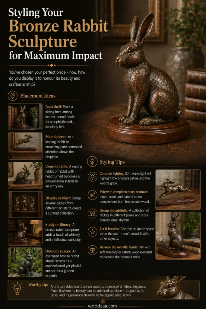 Infographic titled "Styling Your Bronze Rabbit Sculpture for Maximum Impact" featuring a bronze rabbit figure on a polished wooden stand in the upper right. Left column lists placement ideas (Bookshelf, Mantelpiece, Console table, Display cabinet, Study/library, Outdoor spaces) with thumbnail images. Right section covers styling tips on lighting, textures, grouping, and spacing, alongside two photos. Bottom includes a "Worthy tip" callout, tree logo, and URL "woodzaa.com."