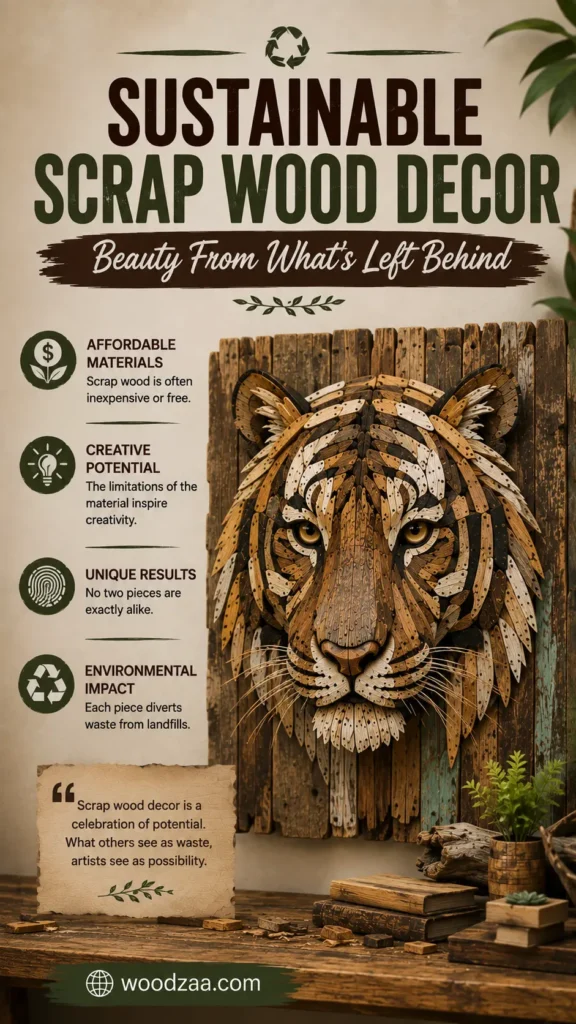 Vertical graphic showing a 3D tiger head wall piece assembled from detailed scrap wood patterns. Bold text at the top reads "SUSTAINABLE SCRAP WOOD DECOR - Beauty From What's Left Behind." Four icon points on the left outline benefits: Affordable Materials, Creative Potential, Unique Results, and Environmental Impact. A parchment quote at the bottom left reads "Scrap wood decor is a celebration of potential..." with the website link woodzaa.com displayed at the base.