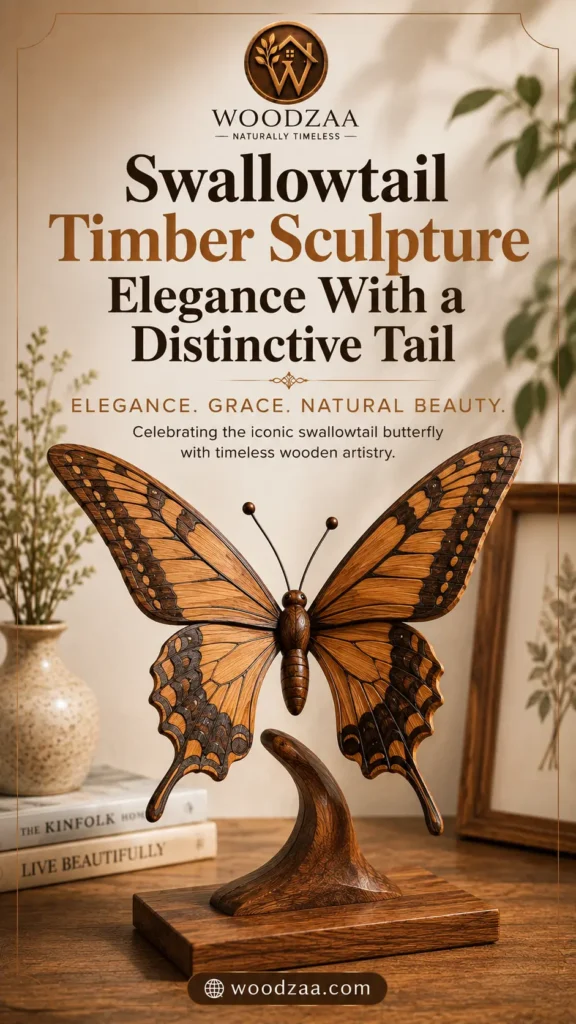 Detailed wooden swallowtail butterfly sculpture with open wings featuring light and dark wood grain patterns, mounted on a curved wooden base. Graphic text above displays "WOODZAA - NATURALLY TIMELESS", title "Swallowtail Timber Sculpture: Elegance With a Distinctive Tail", and subtext "ELEGANCE. GRACE. NATURAL BEAUTY. Celebrating the iconic swallowtail butterfly with timeless wooden artistry." A bottom link button shows "woodzaa.com" in a warm interior setting with books, a vase, and a picture frame.