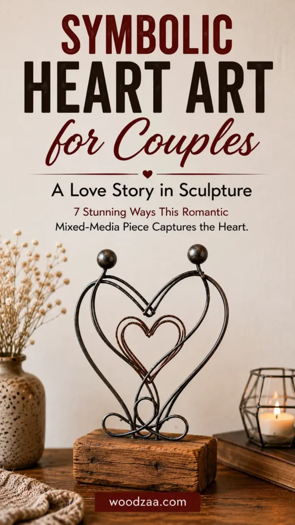 A symbolic metal wire sculpture depicting two stylized figures forming a heart shape, mounted on a rustic wooden base with a smaller wire heart nestled inside. Displayed on a tabletop next to a speckled vase of dried flowers, an antique book, and a lit candle. Top text reads: "SYMBOLIC HEART ART for Couples – A Love Story in Sculpture. 7 Stunning Ways This Romantic Mixed-Media Piece Captures the Heart." Bottom button includes "woodzaa.com". Ideal for anniversary gifts and home decor.