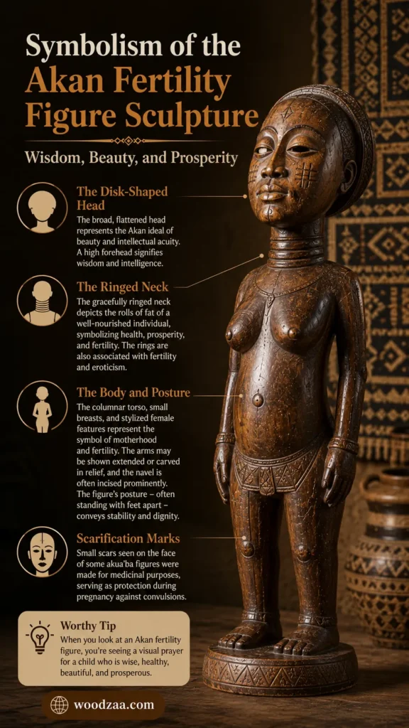 A detailed hand-carved dark wood Akan fertility figure sculpture with a disk-shaped head, ringed neck, and textured body carvings. On the left, cream and gold text reads "Symbolism of the Akan Fertility Figure Sculpture - Wisdom, Beauty, and Prosperity," with labelled sections pointing to the head, neck, body posture, scarification marks, and a "Worthy Tip" box explaining the figure as a visual prayer for a healthy child, ending with woodzaa.com at the bottom. (446 characters)