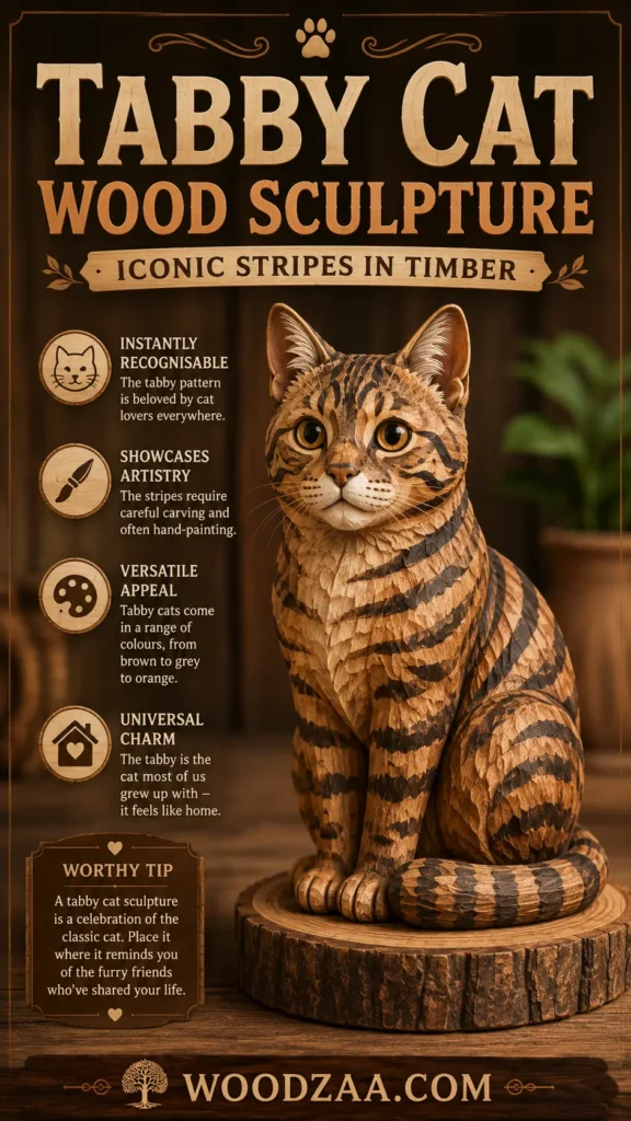 Hand-carved wooden tabby cat sculpture featuring dark brown stripes on warm timber, sitting alertly on a circular wood slab. Large text at the top reads "Tabby Cat Wood Sculpture - Iconic Stripes in Timber." Feature points on the left detail Instantly Recognisable, Showcases Artistry, Versatile Appeal, and Universal Charm. A lower card provides a "Worthy Tip" on displaying classic cat art, set against a dark wooden background above the logo and "woodzaa.com".