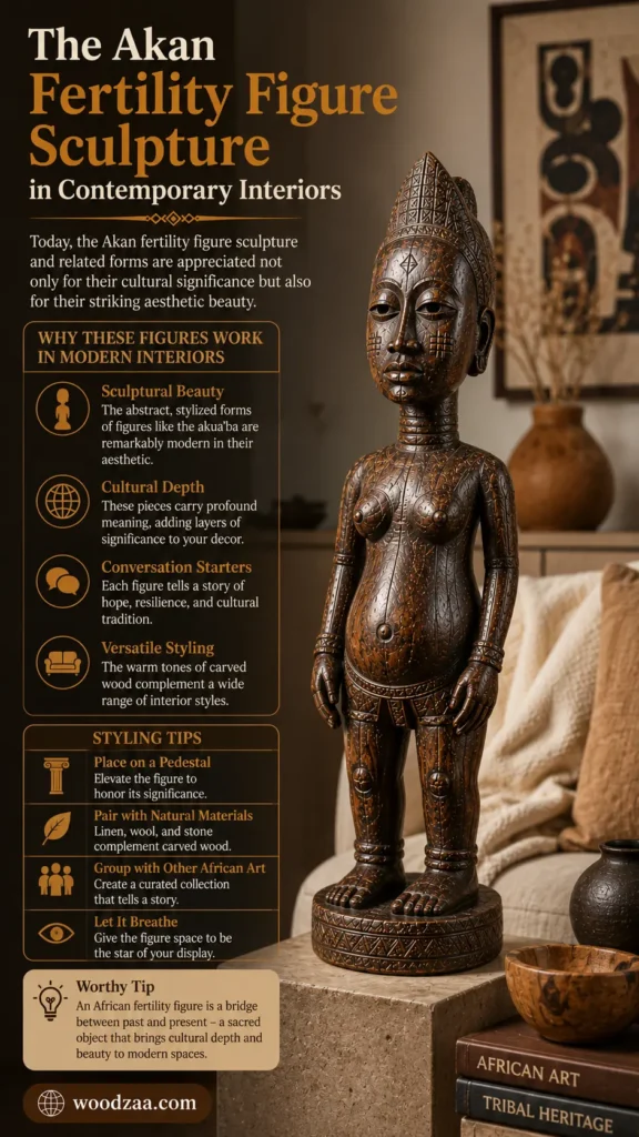 A detailed hand-carved dark wood Akan fertility figure sculpture with intricate geometric etchings, displayed on a stone pedestal in a modern living room setting. On the left, cream and gold text reads "The Akan Fertility Figure Sculpture in Contemporary Interiors," followed by sections on why the figures work in modern spaces, interior styling tips, and a "Worthy Tip" on bridging past and present, with woodzaa.com at the bottom. (428 characters)