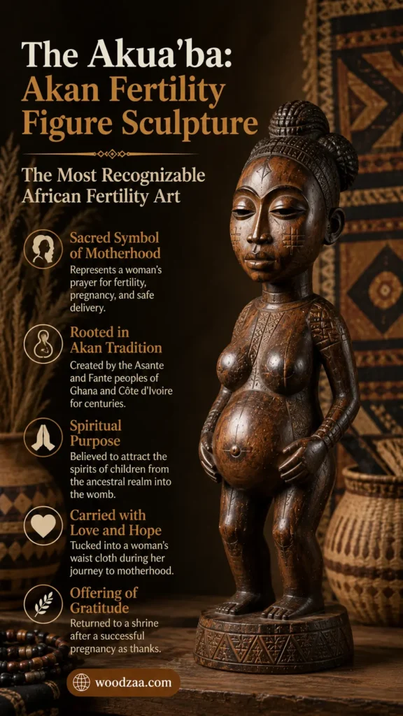 A detailed hand-carved dark wood Akua'ba fertility figure sculpture depicting a pregnant woman with hands resting on her belly and facial scarification. On the left, cream and gold text reads "The Akua'ba: Akan Fertility Figure Sculpture - The Most Recognizable African Fertility Art," followed by key cultural insights on motherhood, Akan traditions, spiritual purpose, and pregnancy rituals, with woodzaa.com displayed at the bottom. (433 characters)