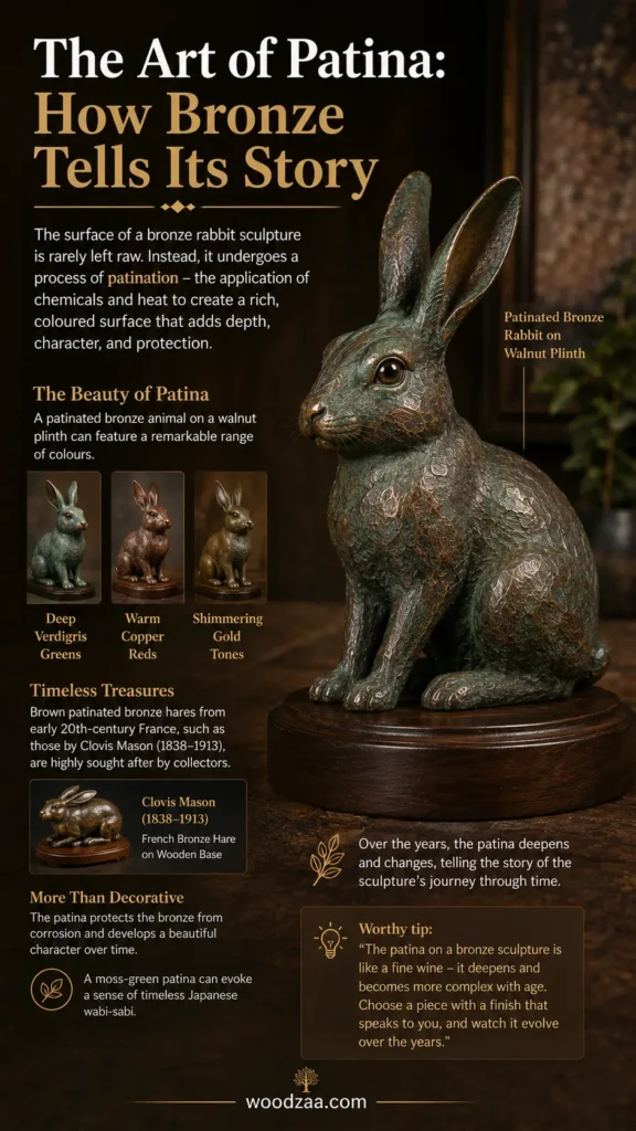 Infographic titled "The Art of Patina: How Bronze Tells Its Story" featuring a greenish-bronze rabbit sculpture on a round walnut plinth on the right. On the left, three smaller thumbnails display color variations: Deep Verdigris Greens, Warm Copper Reds, and Shimmering Gold Tones. Below, sections cover "Timeless Treasures" featuring a Clovis Mason bronze hare, "More Than Decorative" details, a "Worthy tip" box, and the tree logo alongside the URL "woodzaa.com" centered at the bottom.