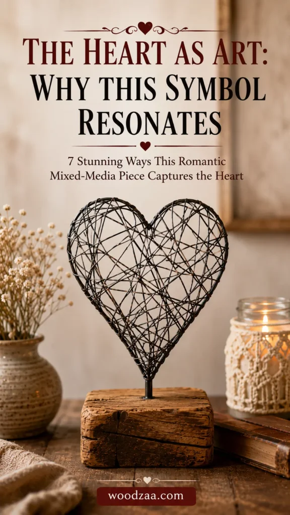 A dark wire heart sculpture with a crisscross mesh pattern, mounted on a rustic block of wood. Placed on a wooden table next to a speckled vase filled with white dried flowers, an antique book, and a lit candle in a macramé-wrapped jar. Top text overlay reads: "THE HEART AS ART: WHY THIS SYMBOL RESONATES. 7 Stunning Ways This Romantic Mixed-Media Piece Captures the Heart." Bottom button displays "woodzaa.com". Ideal for rustic decor, romantic accents, and DIY craft inspiration.