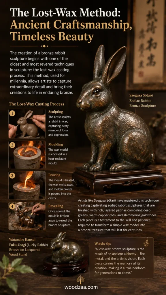 Infographic titled "The Lost-Wax Method: Ancient Craftsmanship, Timeless Beauty" featuring a prominent bronze rabbit sculpture by Saegusa Sōtarō on a carved wooden base. On the left, four numbered steps explain the casting process (Sculpting, Moulding, Pouring, Revealing) with accompanying photo thumbnails. A smaller "Fuku-Usagi" rabbit sculpture by Watanabe Kansui sits at the bottom, alongside descriptive text, a quote box, and the website URL "woodzaa.com" at the bottom center.