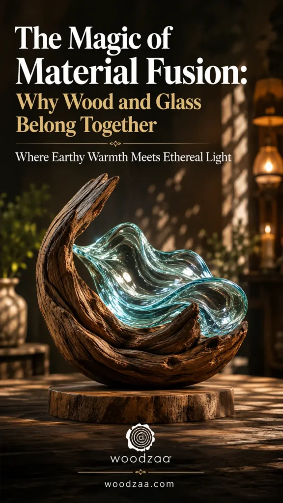 A vertical Pinterest graphic featuring a crescent-shaped wood and glass sculpture on a round wooden base. The natural driftwood arm cradles a wavy, translucent light-blue glass form that glows warmly from within. At the top, bold text reads: "The Magic of Material Fusion: Why Wood and Glass Belong Together - Where Earthy Warmth Meets Ethereal Light." The bottom displays the "woodzaa" logo and website URL woodzaa.com against a warm, sunlit interior background.