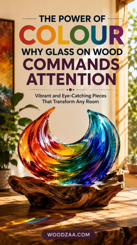 Vertical Pinterest graphic featuring bold header text reading "THE POWER OF COLOUR: WHY GLASS ON WOOD COMMANDS ATTENTION" with multi-colored lettering and the subtitle "Vibrant and Eye-Catching Pieces That Transform Any Room." The center features a crescent-shaped blown-glass wave sculpture displaying a vibrant rainbow gradient of red, orange, yellow, green, and deep blue. The sculpture rests securely inside a piece of hollowed-out natural driftwood on a table. "WOODZAA.COM" is displayed at the bottom.