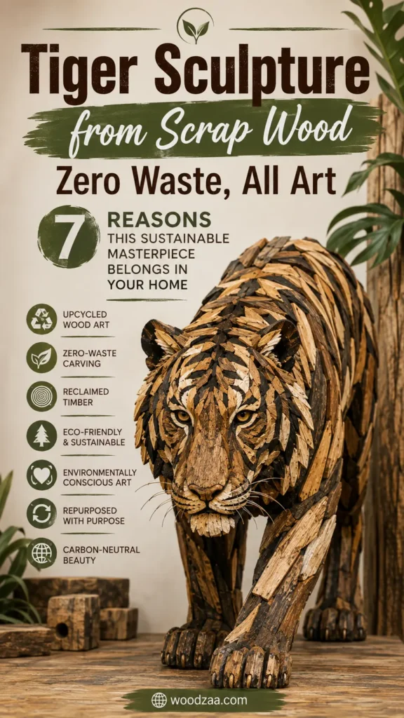 A life-sized, detailed tiger sculpture crafted entirely from assembled pieces of reclaimed and scrap wood, creating realistic fur texture and stripes in light and dark wood tones. The image features overlay text reading "Tiger Sculpture from Scrap Wood - Zero Waste, All Art" and "7 Reasons This Sustainable Masterpiece Belongs in Your Home." On the left, a list highlights eco-friendly features such as upcycled wood art, zero-waste carving, and reclaimed timber, with a website logo for woodzaa.com at the bottom.