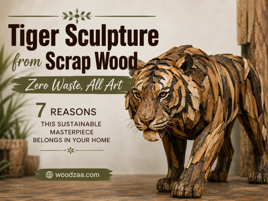 Horizontal photo of a detailed tiger sculpture crafted from layered scrap wood pieces in varying natural shades to mimic fur and tiger stripes. Text on the left reads: "Tiger Sculpture from Scrap Wood," "Zero Waste, All Art," and "7 REASONS THIS SUSTAINABLE MASTERPIECE BELONGS IN YOUR HOME." A green badge at the bottom left features the website "woodzaa.com."
