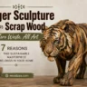 Horizontal photo of a detailed tiger sculpture crafted from layered scrap wood pieces in varying natural shades to mimic fur and tiger stripes. Text on the left reads: "Tiger Sculpture from Scrap Wood," "Zero Waste, All Art," and "7 REASONS THIS SUSTAINABLE MASTERPIECE BELONGS IN YOUR HOME." A green badge at the bottom left features the website "woodzaa.com."