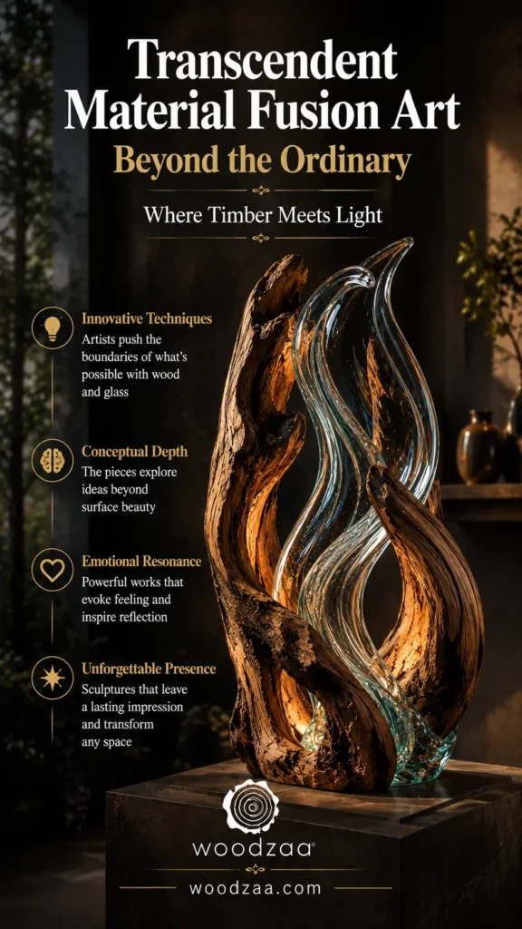 A vertical Pinterest graphic featuring a dramatic wood and glass sculpture on a dark pedestal. Curved, natural driftwood arms embrace a flame-like, undulating clear glass form that radiates a soft, warm light from within. At the top, bold text reads: "Transcendent Material Fusion Art - Beyond the Ordinary - Where Timber Meets Light." Four golden icons on the left highlight Innovative Techniques, Conceptual Depth, Emotional Resonance, and Unforgettable Presence. The bottom displays the "woodzaa" logo and woodzaa.com.