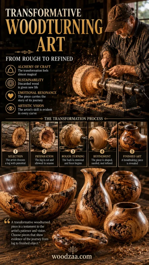 Infographic titled "Transformative Woodturning Art: From Rough to Refined." A woodturner shapes timber on a lathe with flying sparks, while handcrafted wooden bowls and vases line the foreground. Icons highlight craft aspects like Sustainability and Emotional Resonance. A five-step sequence illustrates the process: Selection, Preparation, Rough Turning, Refinement, and Finished Art. A quote block emphasizes choosing pieces that show evidence of the journey from log to finished object.