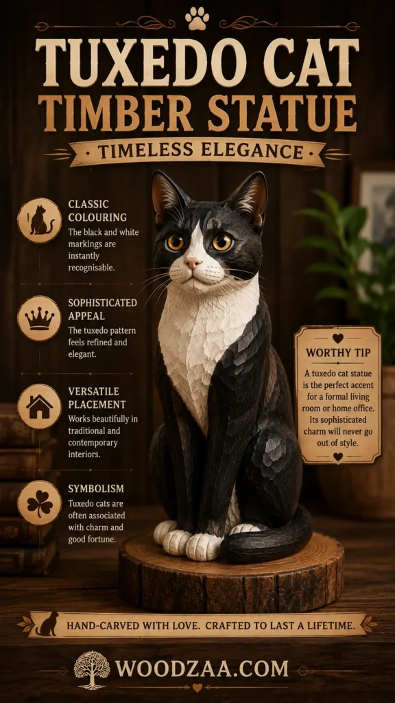 Hand-carved wooden tuxedo cat statue with black fur, a white chest, and white paws, seated on a circular wood slab. Prominent title text reads "Tuxedo Cat Timber Statue - Timeless Elegance." Left-side callouts highlight Classic Colouring, Sophisticated Appeal, Versatile Placement, and Symbolism. A right-side card shares a "Worthy Tip" on displaying the statue, set against a warm wooden backdrop above a banner that reads "Hand-carved with love" and the website "woodzaa.com".