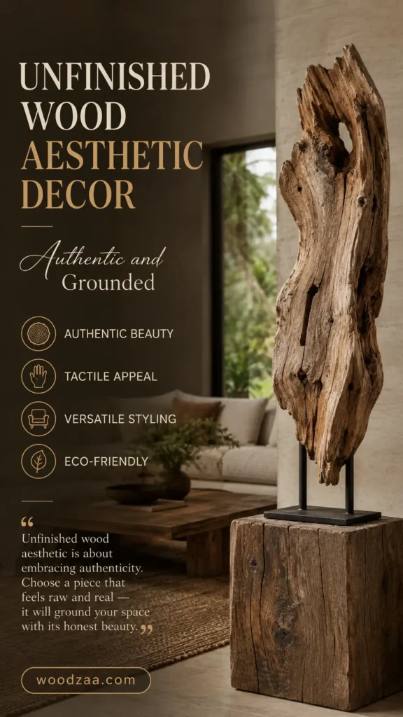 Vertical Pinterest graphic featuring a raw, unfinished wood sculpture displaying rugged textures, split grain, and natural hollows. It is mounted on a two-pronged black metal stand over a rustic wooden pedestal block. On the left side, serif title text reads "UNFINISHED WOOD AESTHETIC DECOR" above handwritten script "Authentic and Grounded." Four circular line icons detail features: Authentic Beauty, Tactile Appeal, Versatile Styling, and Eco-Friendly, with woodzaa.com at the bottom.