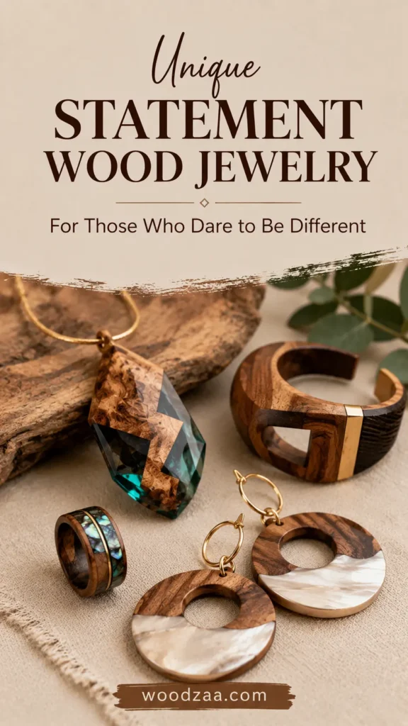 Vertical promotional image titled "Unique Statement Wood Jewelry - For Those Who Dare to Be Different." Handcrafted wooden accessories rest on natural fabric, including a faceted wood and turquoise resin pendant, a wooden ring with abalone inlay, circular hoop earrings combining wood with white mother-of-pearl, and a thick wooden cuff bracelet with gold metal accents. The setup features a background piece of driftwood and green leaves, with woodzaa.com displayed at the bottom.
