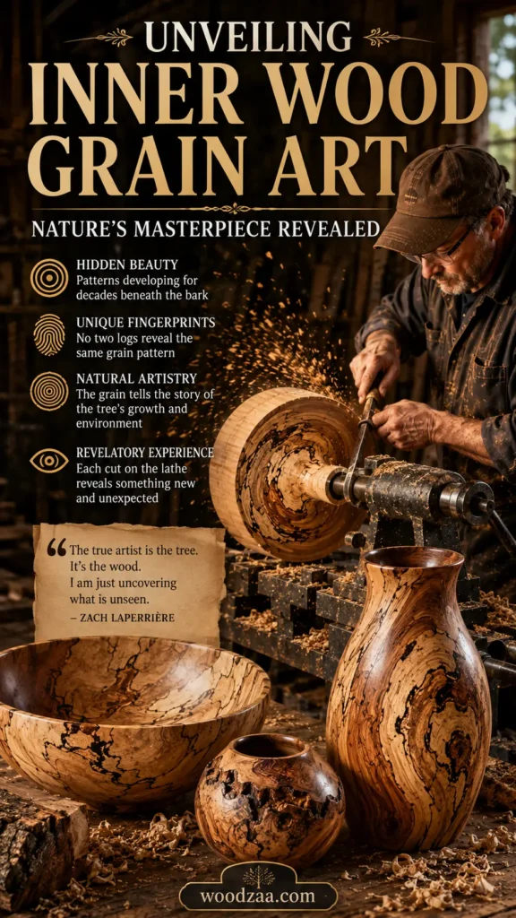 Infographic titled "Unveiling Inner Wood Grain Art: Nature's Masterpiece Revealed." On the right, a woodturner works at a lathe as sparks fly. Finished wooden art pieces sit in the foreground, including a large spalted bowl, a dark burl vessel, and a tall vase with striking, swirling grain patterns. Icons highlight four key concepts: Hidden Beauty, Unique Fingerprints, Natural Artistry, and Revelatory Experience. A parchment block features a quote by Zach LaPerrière about uncovering hidden wood art.