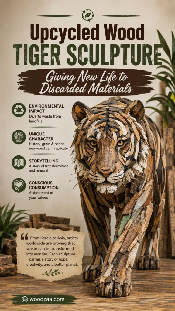 Vertical graphic featuring a detailed tiger sculpture walking forward, assembled from upcycled wood fragments. Bold text at the top reads "UPCYCLED WOOD TIGER SCULPTURE - Giving New Life to Discarded Materials." A bulleted list on the left details key aspects: Environmental Impact, Unique Character, Storytelling, and Conscious Consumption. A quote card at the bottom left begins "From Kerala to Asia, artists worldwide are proving..." with the website link woodzaa.com displayed at the base.