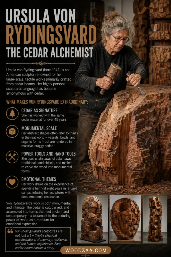 Pinterest graphic titled "Ursula von Rydingsvard: The Cedar Alchemist." The left column presents details on the American sculptor (born 1942) alongside four icon-highlighted points outlining her signature use of cedar, monumental scale, tool choices, and emotional themes. On the right, an elderly female artist with glasses shapes a massive, textured cedar wood block with a chisel and wooden mallet. Three smaller photos showing large abstract cedar sculptures sit at the bottom above a "WOODZAA.COM" banner.