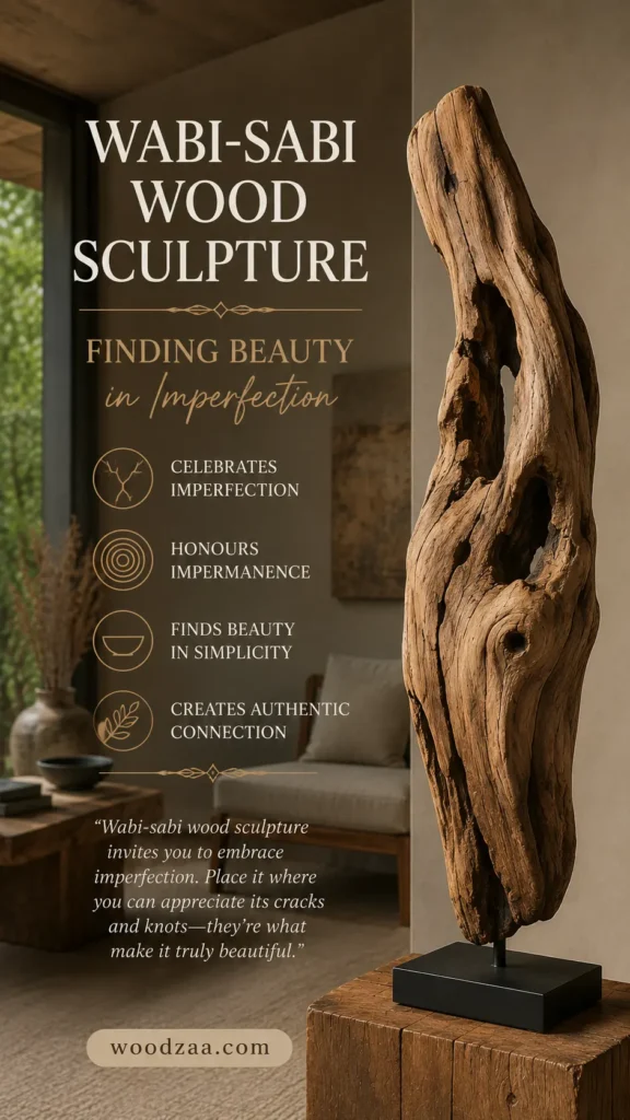 Vertical Pinterest graphic featuring an weathered wabi-sabi wood sculpture on a black stand atop a rustic wooden block. The organic piece displays natural knots, cracks, and raw textures. The left side includes elegant serif typography reading "WABI-SABI WOOD SCULPTURE" with script text "Finding Beauty in Imperfection." Four circular icons highlight key values: Celebrates Imperfection, Honours Impermanence, Finds Beauty in Simplicity, and Creates Authentic Connection, ending with woodzaa.com.Vertical Pinterest graphic featuring an weathered wabi-sabi wood sculpture on a black stand atop a rustic wooden block. The organic piece displays natural knots, cracks, and raw textures. The left side includes elegant serif typography reading "WABI-SABI WOOD SCULPTURE" with script text "Finding Beauty in Imperfection." Four circular icons highlight key values: Celebrates Imperfection, Honours Impermanence, Finds Beauty in Simplicity, and Creates Authentic Connection, ending with woodzaa.com.