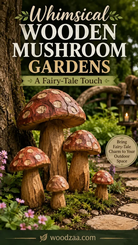 A Pinterest graphic titled "Whimsical Wooden Mushroom Gardens: A Fairy-Tale Touch." Nestled at the base of a large tree beside a stone garden path, a cluster of five carved wooden toadstools with spotted, red-tinted caps stands among moss and pink wildflowers. A circular badge reads "Bring Fairy-Tale Charm to Your Outdoor Space," and the website "woodzaa.com" is displayed along the bottom banner against a soft, sunlit garden backdrop.