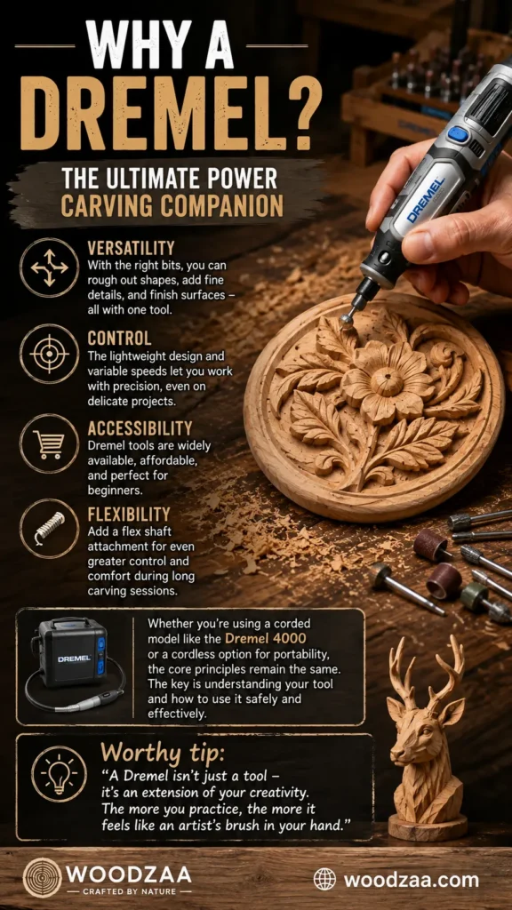 Infographic titled "Why a Dremel? The Ultimate Power Carving Companion" by Woodzaa. It lists key benefits: Versatility, Control, Accessibility, and Flexibility. Visuals show a hand using a Dremel tool to detail a carved floral wood plaque, a Dremel 4000 kit box, a carved deer bust, rotary bits, and wood shavings on a workbench. A "Worthy tip" notes that a Dremel acts as an extension of creativity. Includes the Woodzaa logo and woodzaa.com website link.