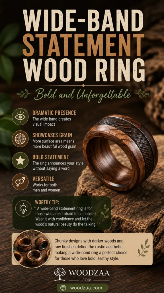 Vertical infographic titled "Wide-Band Statement Wood Ring - Bold and Unforgettable." A thick handcrafted wooden ring with prominent rich grain and an textured diagonal center inlay rests on rough wood bark. Icons highlight features like Dramatic Presence, Showcases Grain, Bold Statement, and Versatile design for men and women, alongside a styled tip box. A circular inset displays similar wooden rings, with the logo and website woodzaa.com visible at the bottom.