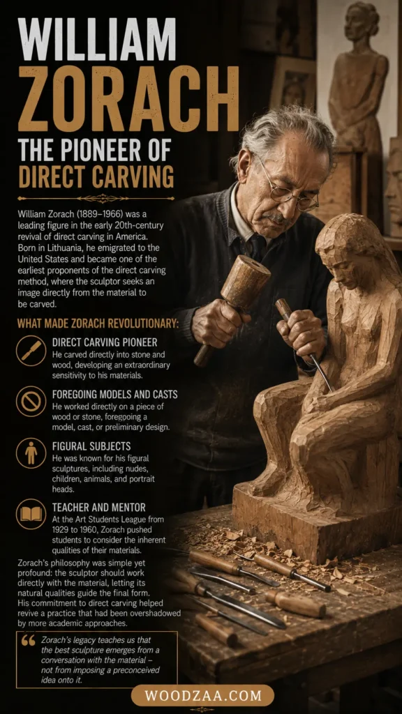 Pinterest graphic titled "William Zorach: The Pioneer of Direct Carving." The left column outlines biographical text about the Lithuanian-born artist (1889–1966) alongside four icon-highlighted points covering his direct carving technique, figural subjects, and teaching legacy. On the right, an elderly sculptor wearing glasses carefully carves a wooden figure of a seated woman using a chisel and mallet. Chisels lay on the workbench below, leading to a gold "WOODZAA.COM" banner at the bottom.