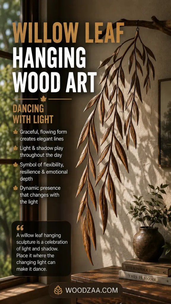 Pinterest graphic titled "WILLOW LEAF HANGING WOOD ART: DANCING WITH LIGHT." The image features a cascading, carved wooden willow branch sculpture hanging near a sunlit window, casting gentle shadows on the wall. On the left, bullet points highlight features like "Graceful, flowing form creates elegant lines" and "Symbol of flexibility, resilience & emotional depth," along with a quote about light and shadow. Stacked interior books ("THE KINFOLK HOME", "THIS IS HOME") and a ceramic plant pot rest on the table below. The logo WOODZAA.COM is centered at the bottom.