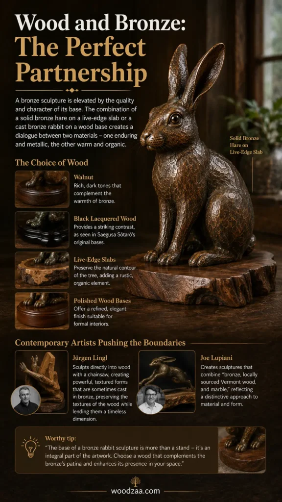 Infographic titled "Wood and Bronze: The Perfect Partnership" featuring a solid bronze hare sitting on a rustic live-edge wood slab on the right. The left side highlights "The Choice of Wood" options (Walnut, Black Lacquered Wood, Live-Edge Slabs, Polished Wood Bases) with close-up thumbnails. The lower section features "Contemporary Artists Pushing the Boundaries," detailing sculptors Jürgen Lingl and Joe Lupiani, followed by a "Worthy tip" box, tree logo, and the URL "woodzaa.com" at the bottom.