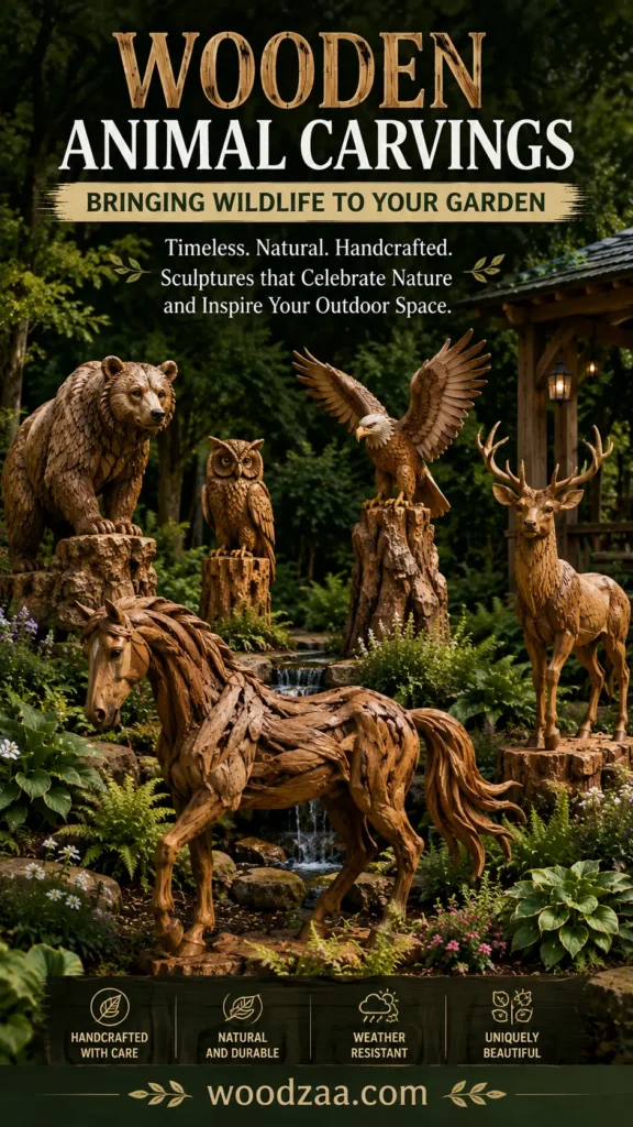 A Pinterest graphic titled "Wooden Animal Carvings: Bringing Wildlife to Your Garden" with the subtitle "Timeless. Natural. Handcrafted. Sculptures that Celebrate Nature and Inspire Your Outdoor Space." Set in a lush garden with a waterfall, the image features carved wood sculptures: a bear, an owl, an eagle taking flight, a majestic horse, and a deer with antlers. Four feature icons at the bottom highlight handcrafted quality and durability, with the website "woodzaa.com" at the base.