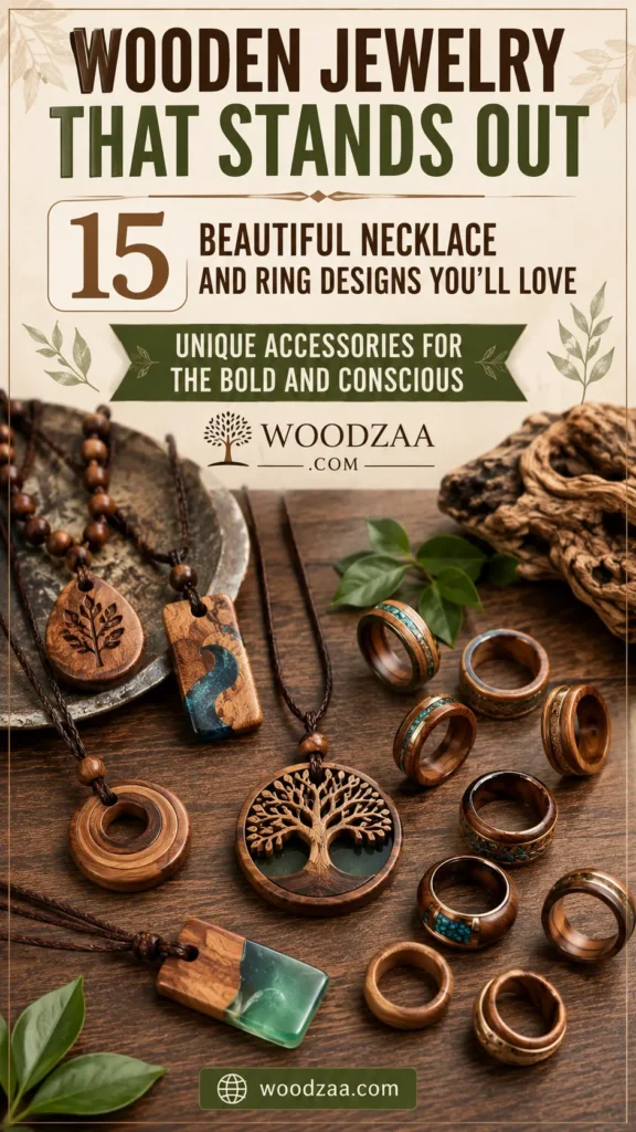 Vertical promotional graphic titled "Wooden Jewelry That Stands Out." An assortment of handcrafted wooden necklaces and rings is displayed on a dark rustic surface. Highlights include a round carved Tree of Life pendant, resin-and-wood pendants in blue and green, a carved tree-leaf teardrop necklace, and various wooden rings with turquoise, metallic, and shell inlays. Text reads "15 Beautiful Necklace and Ring Designs You’ll Love" with the Woodzaa.com logo featured in the center.