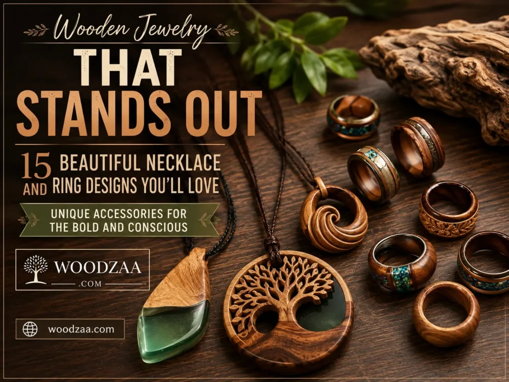 A promotional image titled "Wooden Jewelry That Stands Out" featuring handcrafted wood necklaces and rings arranged on a rustic dark wooden surface. Key pieces include a carved Tree of Life circular pendant, a green resin and wood teardrop necklace, a swirled wooden pendant, and various wooden rings with turquoise inlay and detailed carvings. On the left, text highlights "15 Beautiful Necklace and Ring Designs You’ll Love" along with the website logo for woodzaa.com.
