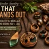 A promotional image titled "Wooden Jewelry That Stands Out" featuring handcrafted wood necklaces and rings arranged on a rustic dark wooden surface. Key pieces include a carved Tree of Life circular pendant, a green resin and wood teardrop necklace, a swirled wooden pendant, and various wooden rings with turquoise inlay and detailed carvings. On the left, text highlights "15 Beautiful Necklace and Ring Designs You’ll Love" along with the website logo for woodzaa.com.
