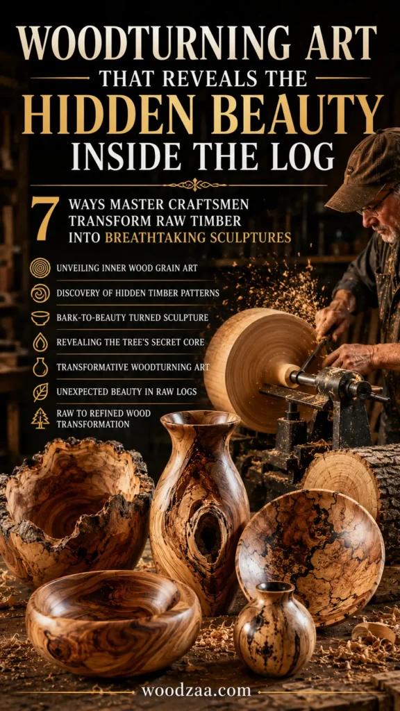 A craftsman shapes wood on a lathe with flying shavings. Text reads "Woodturning Art That Reveals the Hidden Beauty Inside the Log" and lists "7 Ways Master Craftsmen Transform Raw Timber into Breathtaking Sculptures." Below are polished wooden sculptures: a live-edge bark bowl, an elegant marbled vase, a spalted wood plate, a smooth bowl, and a small urn, showcasing unique wood grain patterns and natural textures. A raw log sits nearby on a wooden table covered in sawdust. Website: woodzaa.com.