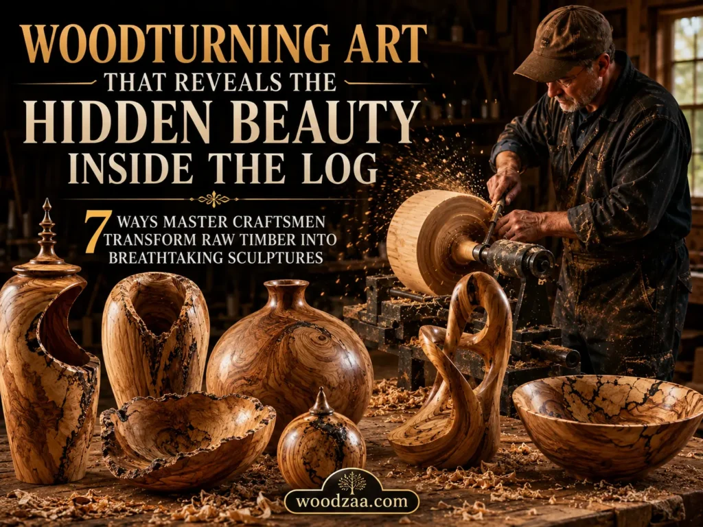 Infographic titled "Woodturning Art That Reveals the Hidden Beauty Inside the Log," featuring subtext about 7 ways master craftsmen transform raw timber. On the right, a woodturner works at a lathe as sparks fly. The foreground displays an extensive array of handcrafted wooden sculptures: a finial-topped hollow form, a live-edge opening vase, a rounded grain-swirled vessel, an abstract twisted loop sculpture, a natural-edge bowl, a spalted sphere, and a wide bowl. Website: woodzaa.com.