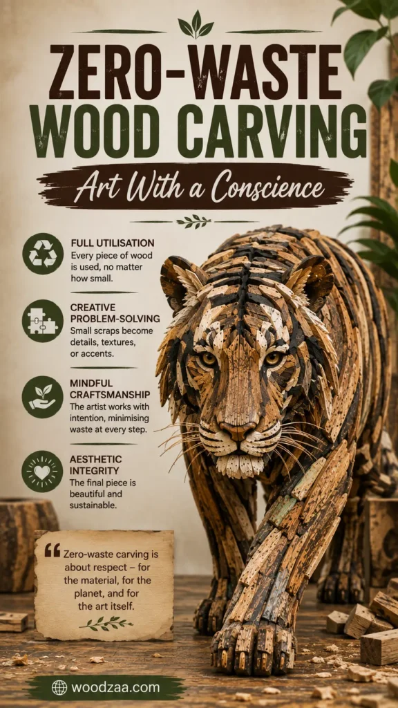 Vertical graphic featuring a detailed tiger sculpture walking forward, crafted from intricate pieces of zero-waste wood fragments. Top header text reads "ZERO-WASTE WOOD CARVING - Art With a Conscience." A left-side list outlines four key aspects: Full Utilisation, Creative Problem-Solving, Mindful Craftsmanship, and Aesthetic Integrity. A paper quote card at the bottom left reads "Zero-waste carving is about respect..." above the website URL woodzaa.com at the base.