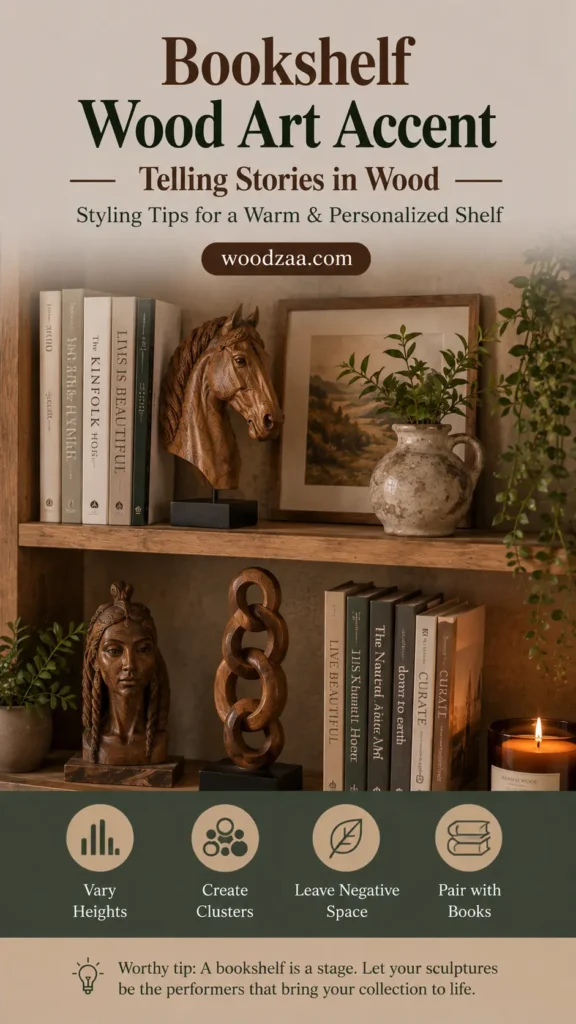 A Pinterest graphic titled "Bookshelf Wood Art Accent — Telling Stories in Wood" by woodzaa.com. The photo displays styled wooden bookshelf tiers featuring carved art pieces, including a horse head bust, a woman's head sculpture, and a vertical wooden chain link. The shelves are decorated with books, framed artwork, ceramic vases with greenery, and a lit candle. A dark green bottom banner features four icons with tips: Vary Heights, Create Clusters, Leave Negative Space, and Pair with Books.
