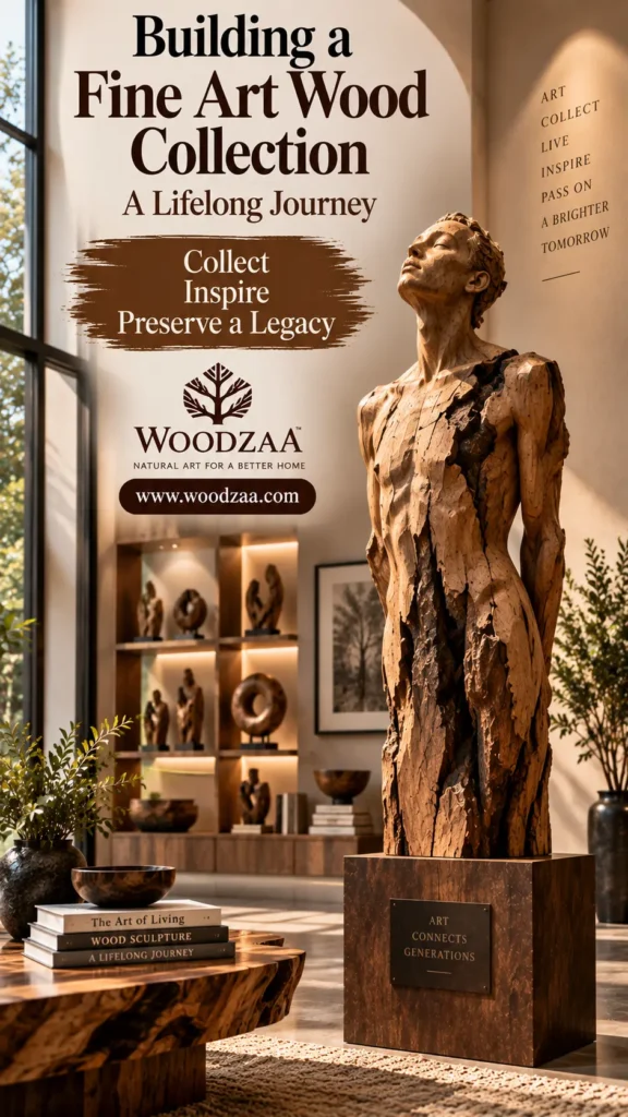 A detailed wood sculpture of a human figure emerging from rough tree bark stands on a pedestal reading "ART CONNECTS GENERATIONS." In a sunlit, modern living room, art books sit on a live-edge table, with illuminated display shelves holding smaller sculptures in the background. Overlay text reads "Building a Fine Art Wood Collection: A Lifelong Journey - Collect, Inspire, Preserve a Legacy" alongside the Woodzaa logo and website URL. Wall text reads "ART COLLECT LIVE INSPIRE PASS ON A BRIGHTER TOMORROW."