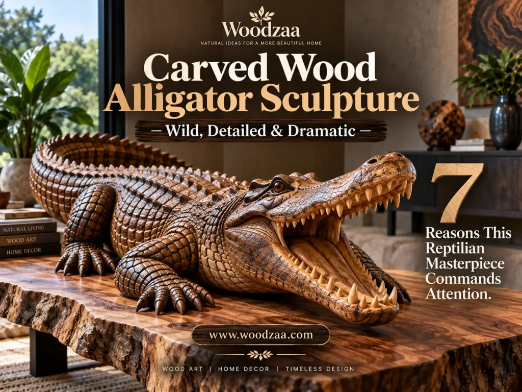 Intricately carved wooden alligator sculpture with its mouth wide open, resting on a live-edge wooden coffee table in a modern interior setting. Stacked books titled "Natural Living," "Wood Art," and "Home Decor" sit on the left. Text overlays read "Woodzaa," "Carved Wood Alligator Sculpture — Wild, Detailed & Dramatic," and "7 Reasons This Reptilian Masterpiece Commands Attention." Includes website URL "[www.woodzaa.com](https://www.google.com/search?q=https%3A%2F%2Fwww.woodzaa.com)" and bottom text "Wood Art | Home Decor | Timeless Design."