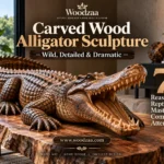 Intricately carved wooden alligator sculpture with its mouth wide open, resting on a live-edge wooden coffee table in a modern interior setting. Stacked books titled "Natural Living," "Wood Art," and "Home Decor" sit on the left. Text overlays read "Woodzaa," "Carved Wood Alligator Sculpture — Wild, Detailed & Dramatic," and "7 Reasons This Reptilian Masterpiece Commands Attention." Includes website URL "[www.woodzaa.com](https://www.google.com/search?q=https%3A%2F%2Fwww.woodzaa.com)" and bottom text "Wood Art | Home Decor | Timeless Design."